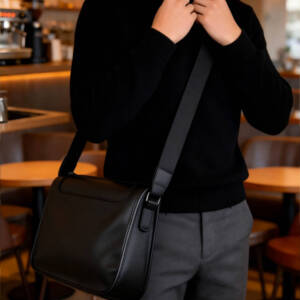 Minimal Flap Square Crossbody Bag Grain Soft Leather Adjustable Wide Strap Unisex Commute Bag