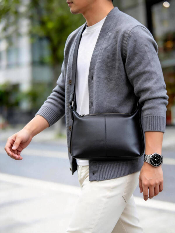 Center Seam Soft Leather Crossbody Bag Matte Black Adjustable Wide Strap Unisex Daily Commute Bag