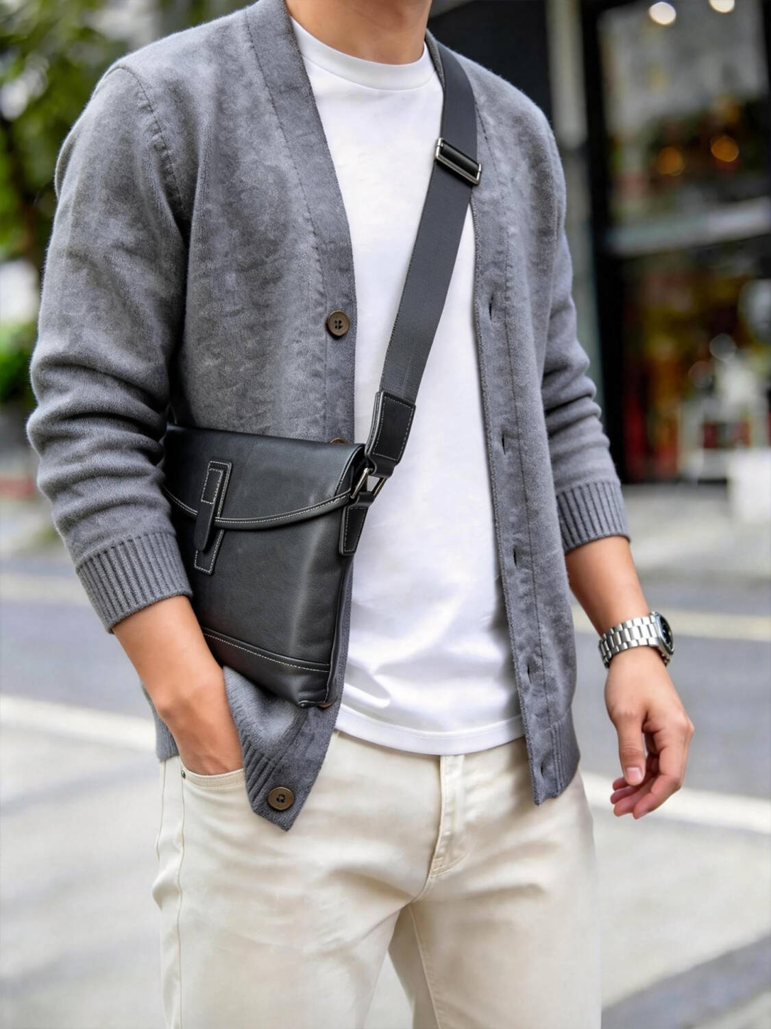 Minimal Single Leather Buckle Flap Crossbody Matte Soft Leather Wide Adjustable Strap Unisex Business Bag - Image 1
