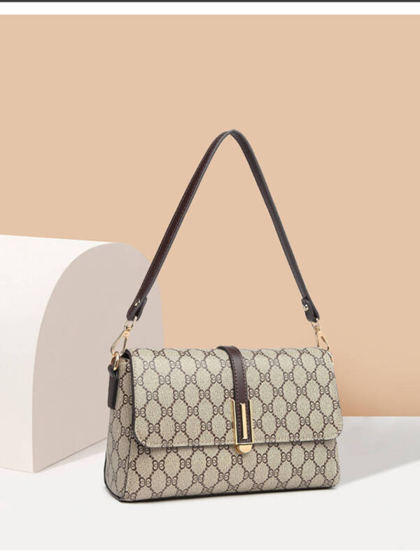 Simple Rhombus Print Rectangular Bag, Brown Trim Versatile Crossbody Purse For Women