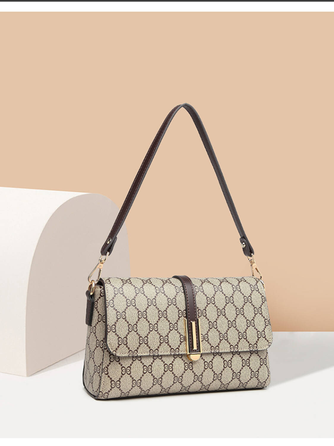 Simple Rhombus Print Rectangular Bag, Brown Trim Versatile Crossbody Purse For Women - Image 5