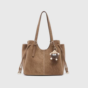 Vintage Matte Tote Bag, Adjustable Strap With Cute Fluffy Charm Shoulder Bag For Women