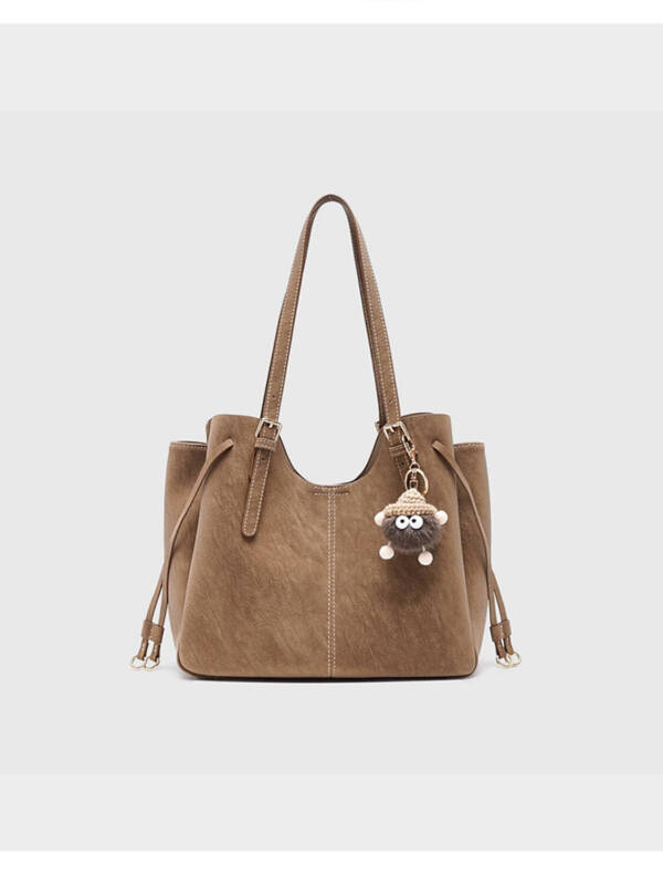 Vintage Matte Tote Bag, Adjustable Strap With Cute Fluffy Charm Shoulder Bag For Women