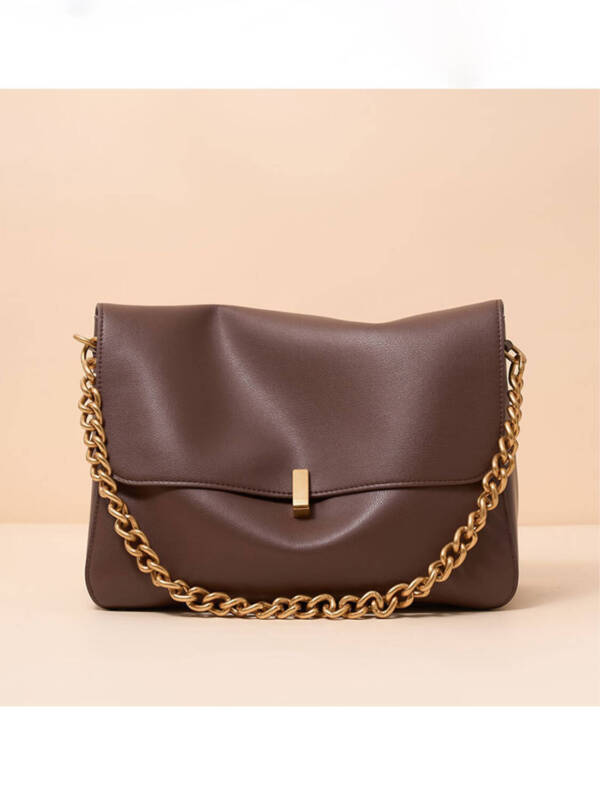Solid Soft Leather Chain Crossbody Bag, Vintage Metal Lock Casual Shoulder Purse For Women