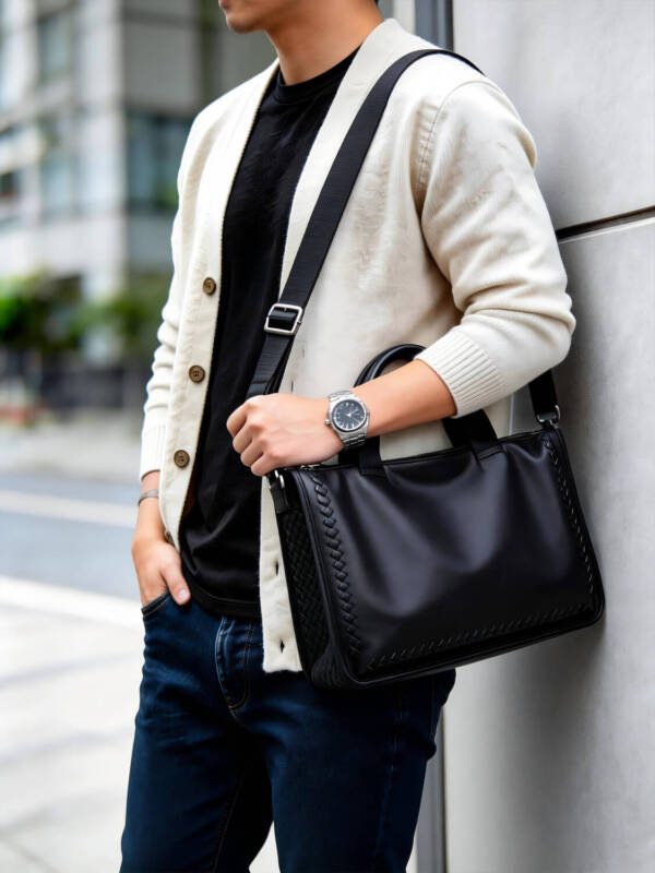 Hand Woven Side Tote Bag Grain Soft Leather Handbag With Strap Hook Large Commute Bag