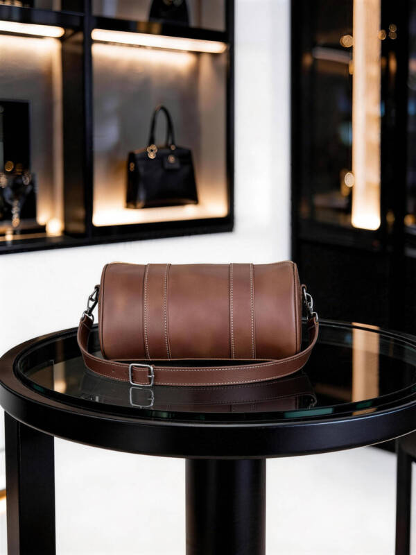 Vintage Brown Cylinder Leather Crossbody Bag Stitched Design Adjustable Thin Strap Daily Shoulder Bag
