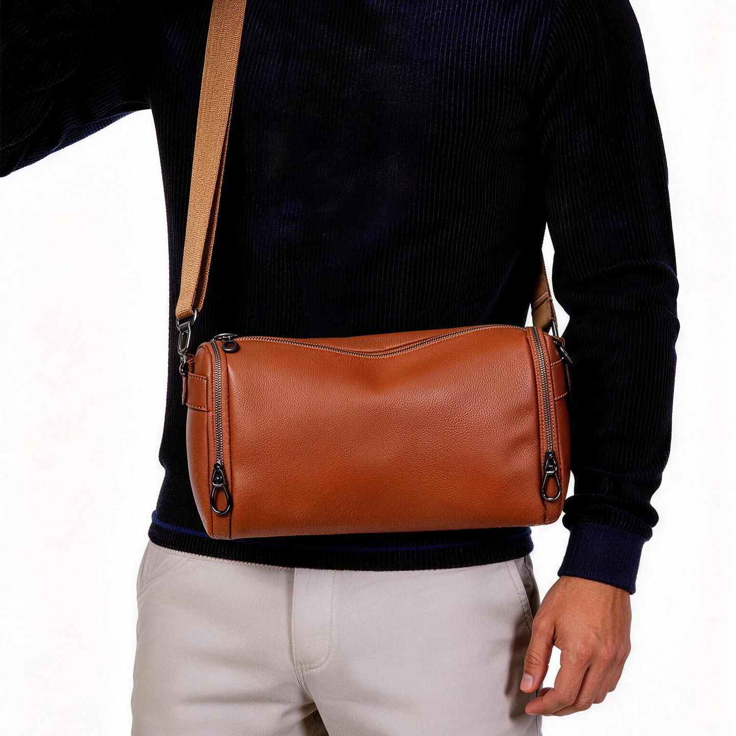 Grain Leather Cylinder Crossbody Bag Adjustable Strap Unisex Light Commute Shoulder Bag - Image 3