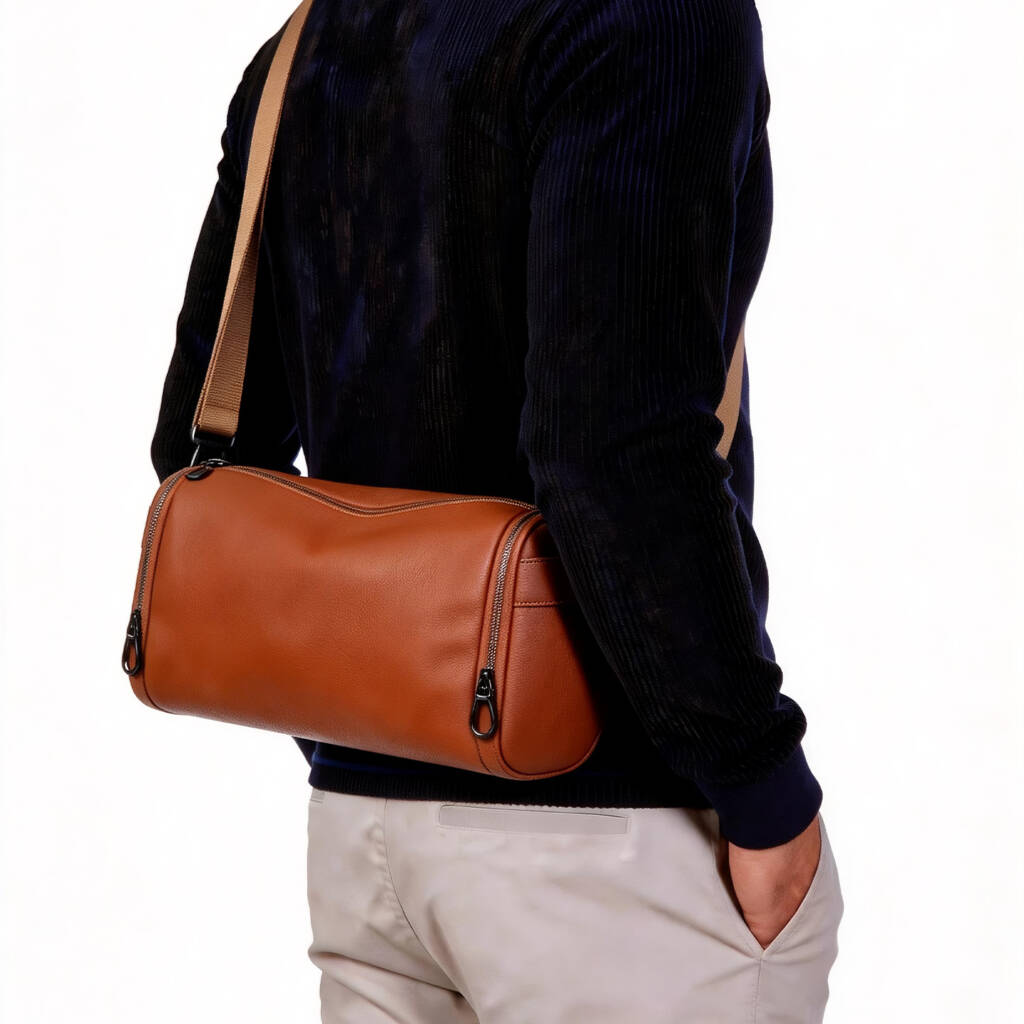 Grain Leather Cylinder Crossbody Bag Adjustable Strap Unisex Light Commute Shoulder Bag