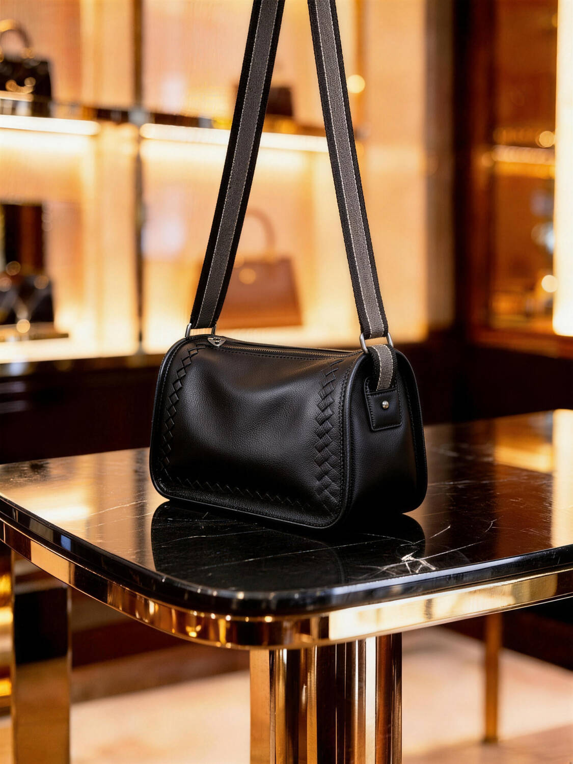 Hand Woven Edge Cylinder Soft Leather Crossbody Color-block Adjustable Wide Strap Unisex Daily Bag - Image 5