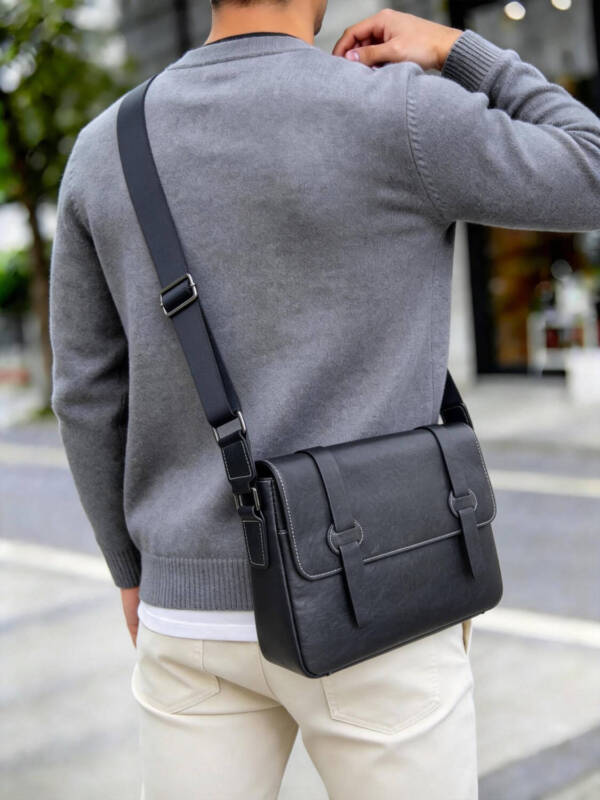 Double Strap Buckle Flap Messenger Bag Vintage Soft Leather Adjustable Wide Strap Business Crossbody Bag