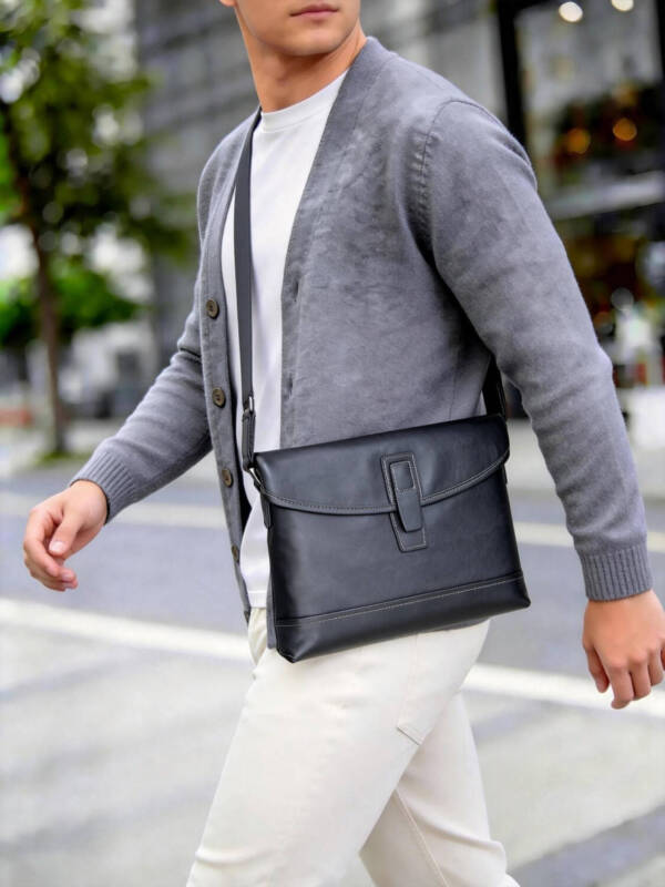 Minimal Single Leather Buckle Flap Crossbody Matte Soft Leather Wide Adjustable Strap Unisex Business Bag