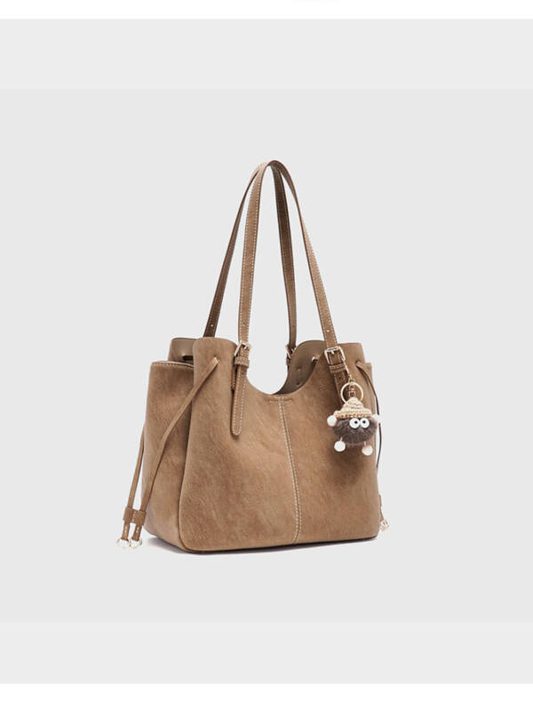 Vintage Matte Tote Bag, Adjustable Strap With Cute Fluffy Charm Shoulder Bag For Women