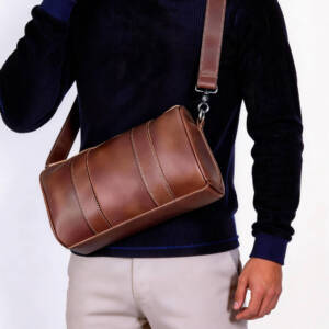 Vintage Brown Cylinder Leather Crossbody Bag Stitched Design Adjustable Thin Strap Daily Shoulder Bag