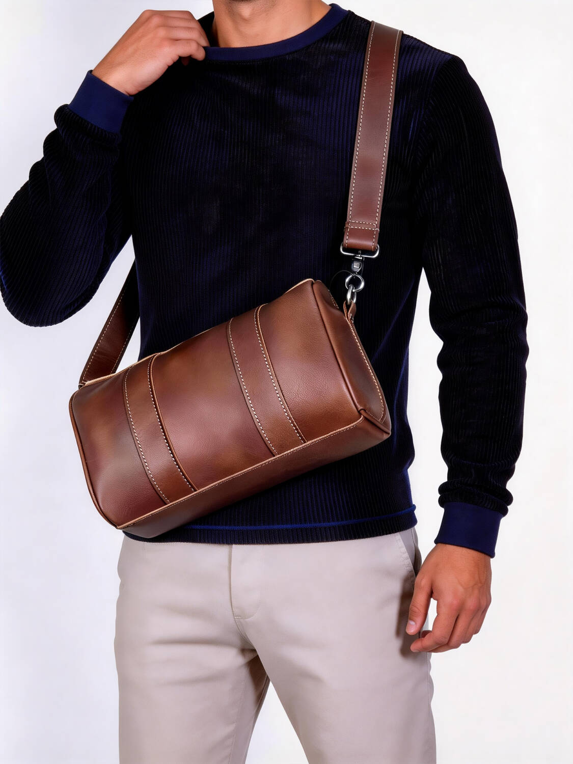 Vintage Brown Cylinder Leather Crossbody Bag Stitched Design Adjustable Thin Strap Daily Shoulder Bag - Image 1