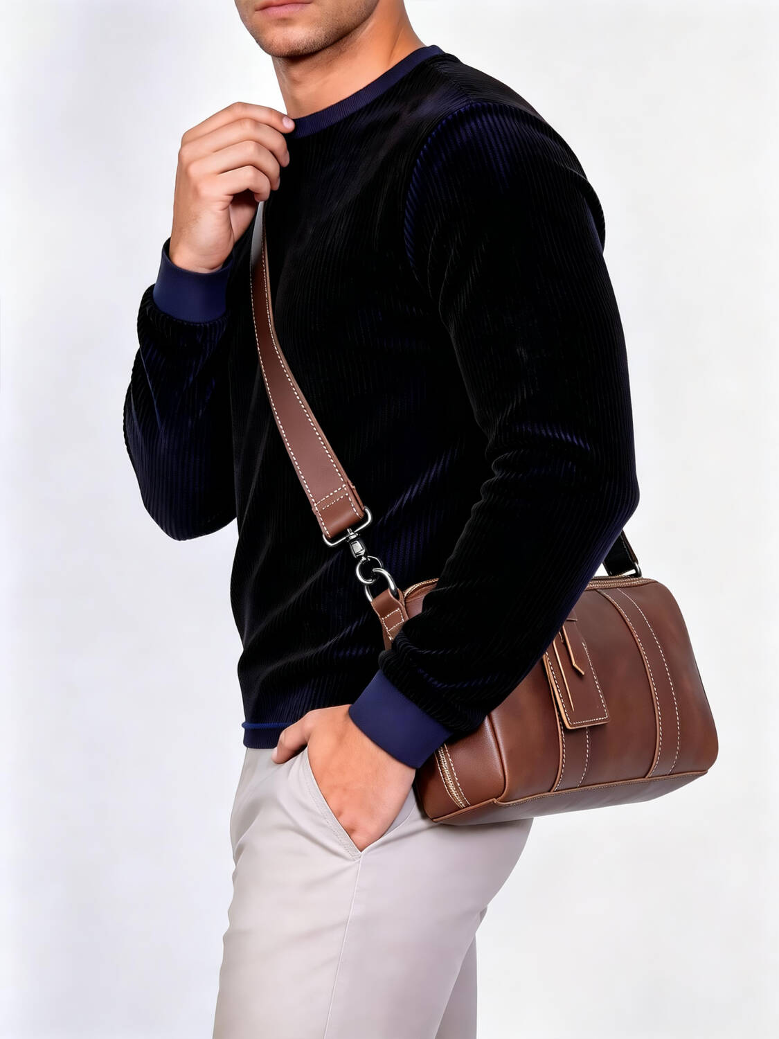 Vintage Brown Cylinder Leather Crossbody Bag Stitched Design Adjustable Thin Strap Daily Shoulder Bag - Image 2
