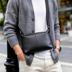 Center Seam Soft Leather Crossbody Bag Matte Black Adjustable Wide Strap Unisex Daily Commute Bag - Image 3