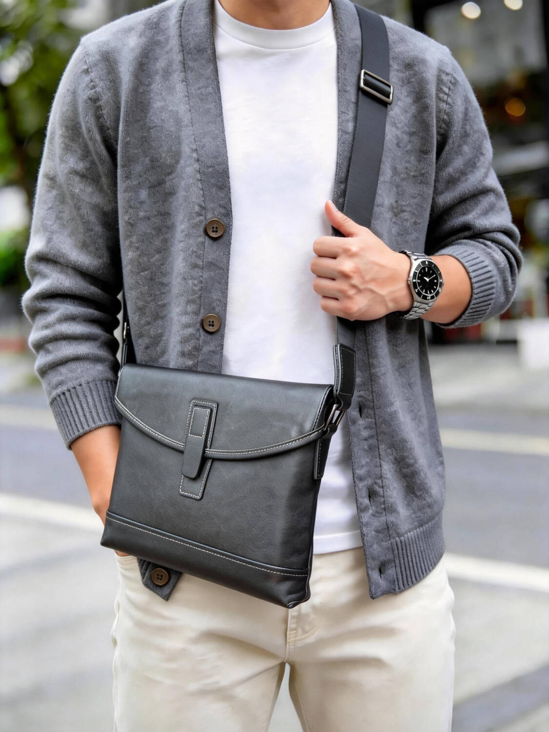 Minimal Single Leather Buckle Flap Crossbody Matte Soft Leather Wide Adjustable Strap Unisex Business Bag - Image 3