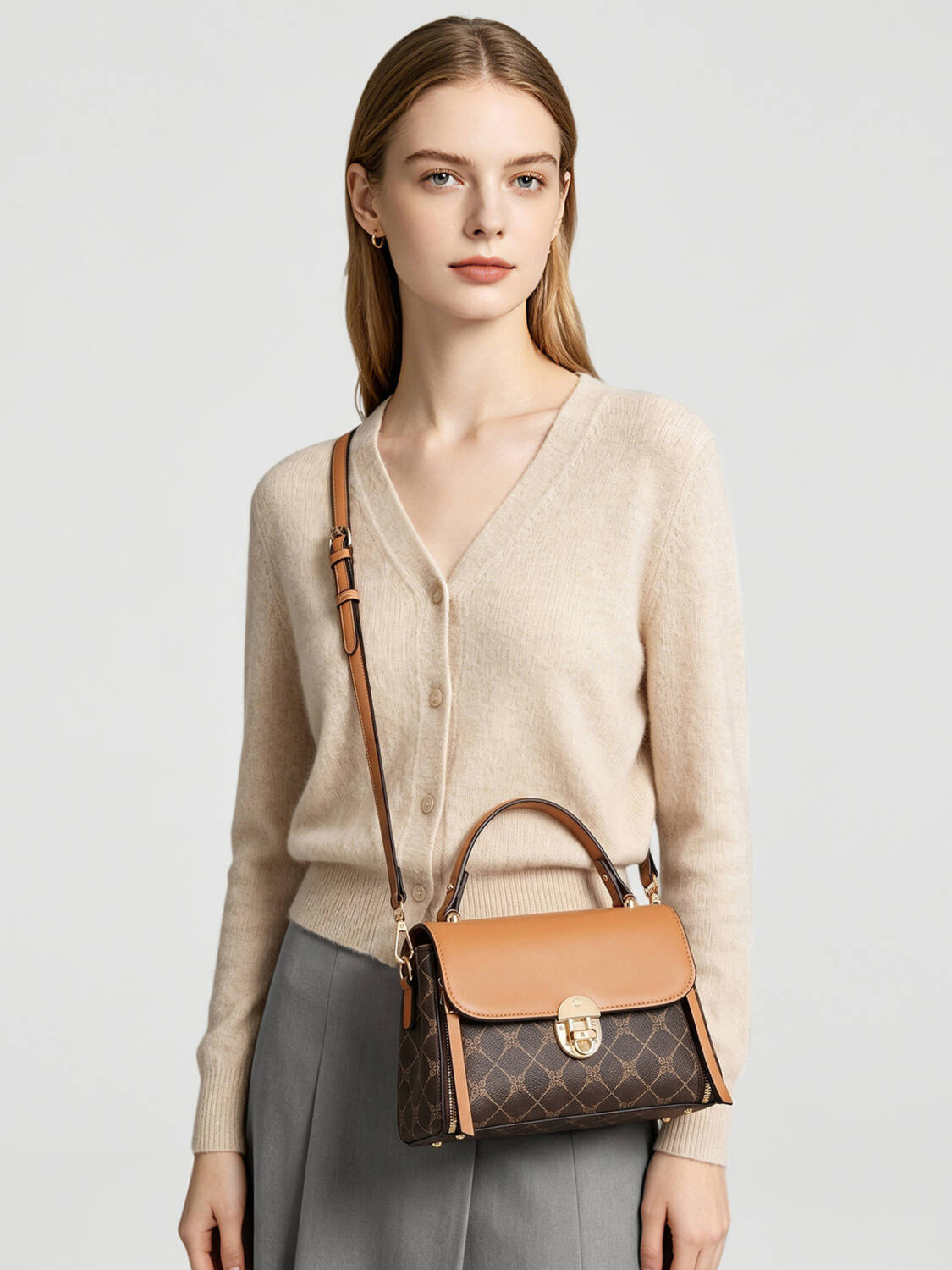 Color Contrast Diamond Print Handbag, Brown Trim Versatile Crossbody Purse For Daily Use - Image 3