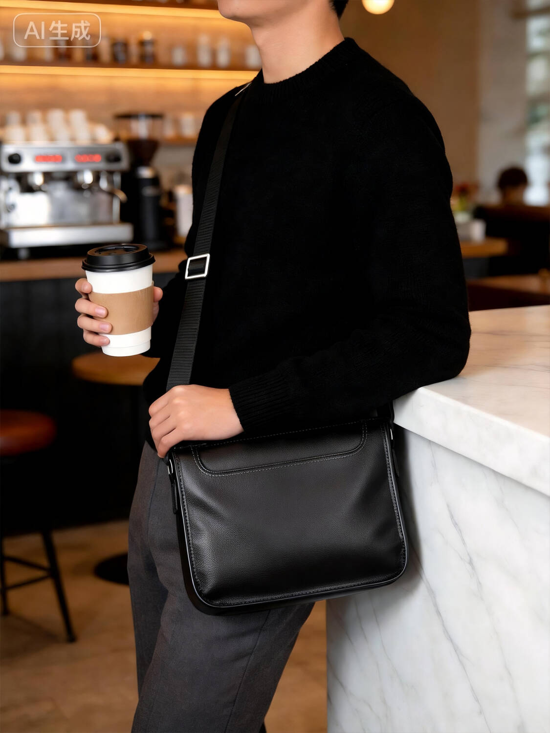 Minimal Flap Square Crossbody Bag Grain Soft Leather Adjustable Wide Strap Unisex Commute Bag - Image 2