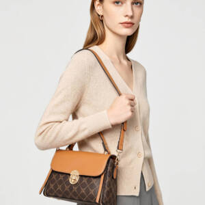 Color Contrast Diamond Print Handbag, Brown Trim Versatile Crossbody Purse For Daily Use
