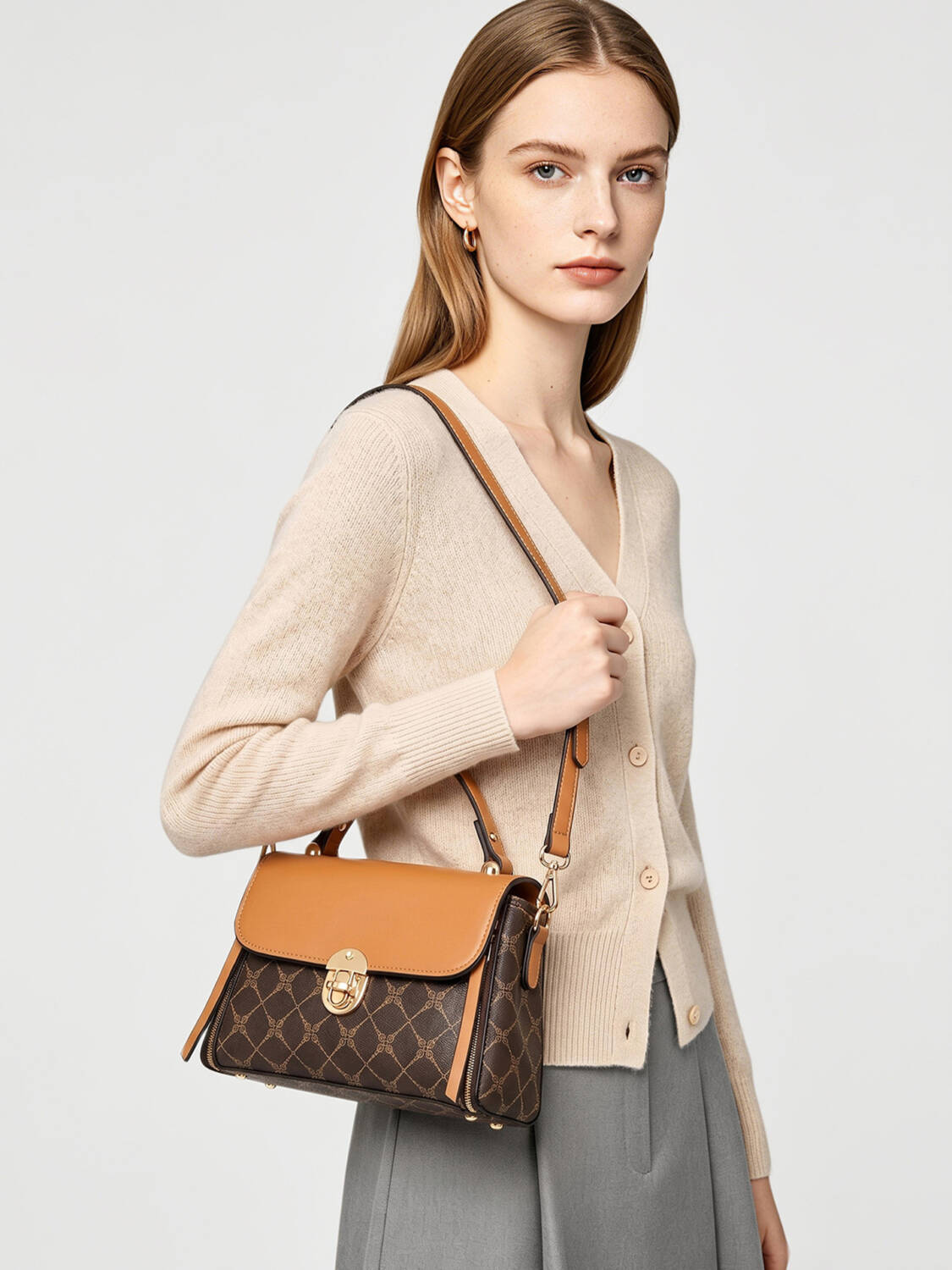 Color Contrast Diamond Print Handbag, Brown Trim Versatile Crossbody Purse For Daily Use - Image 1