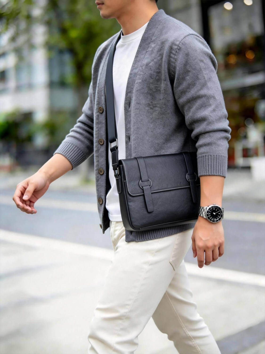 Double Strap Buckle Flap Messenger Bag Vintage Soft Leather Adjustable Wide Strap Business Crossbody Bag - Image 2