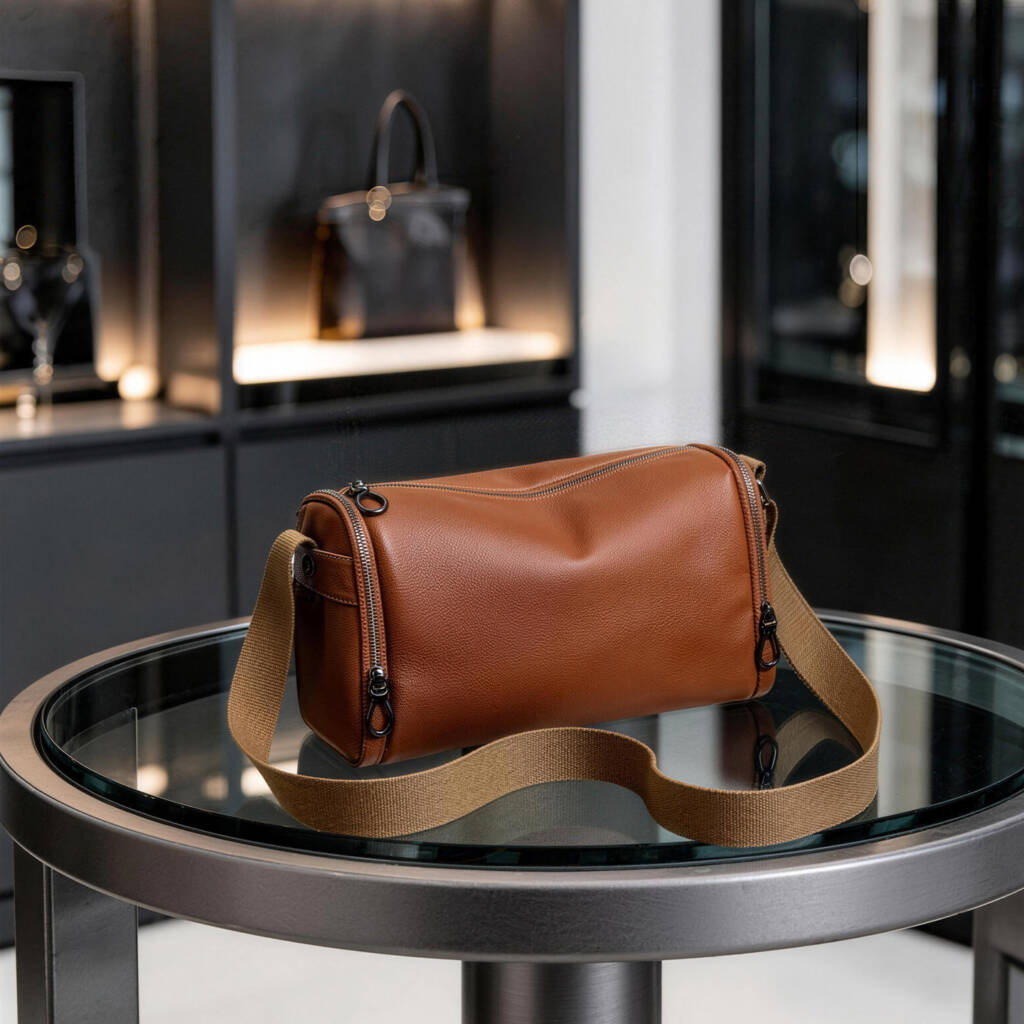 Grain Leather Cylinder Crossbody Bag Adjustable Strap Unisex Light Commute Shoulder Bag