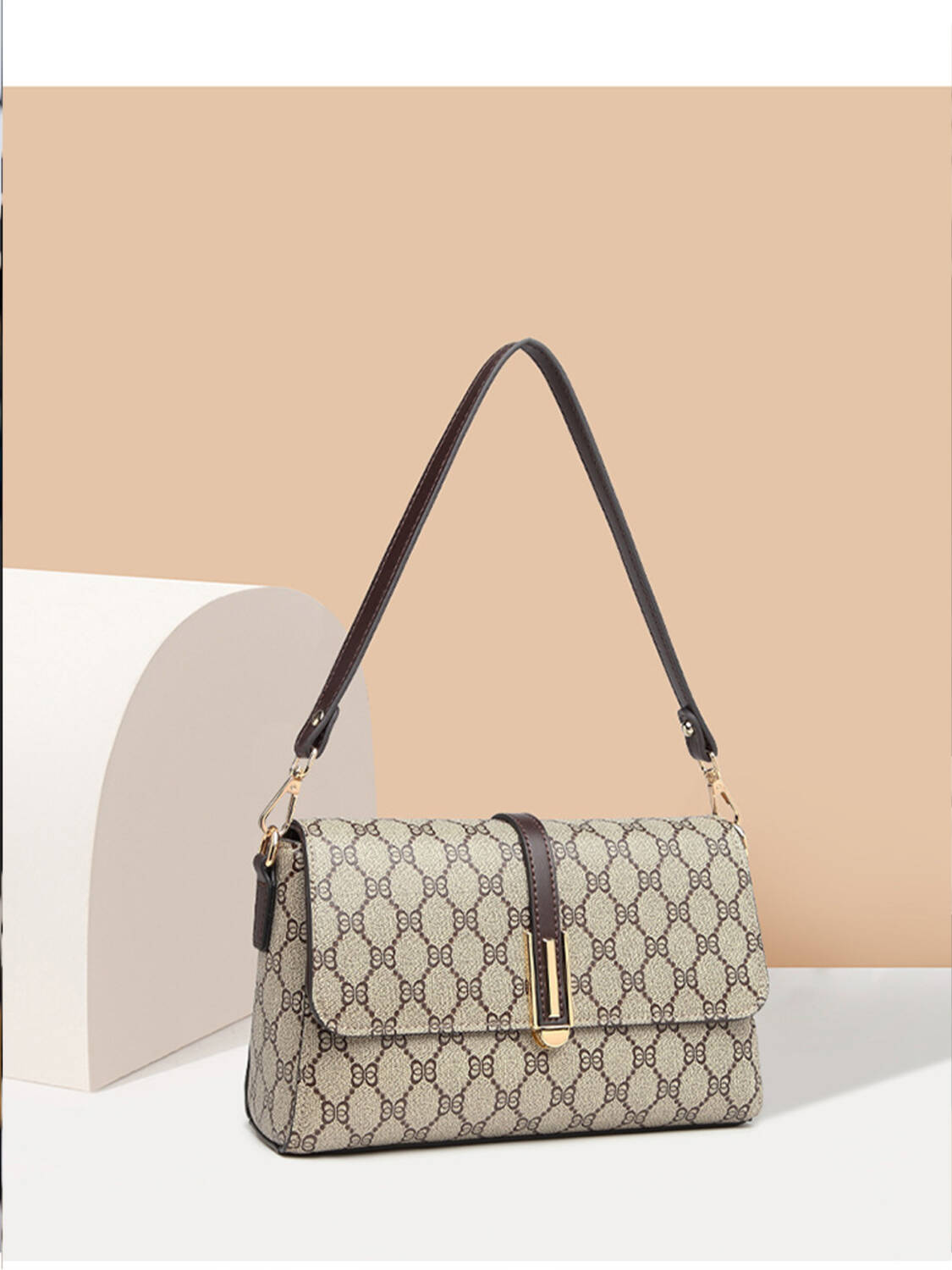 Simple Rhombus Print Rectangular Bag, Brown Trim Versatile Crossbody Purse For Women - Image 3