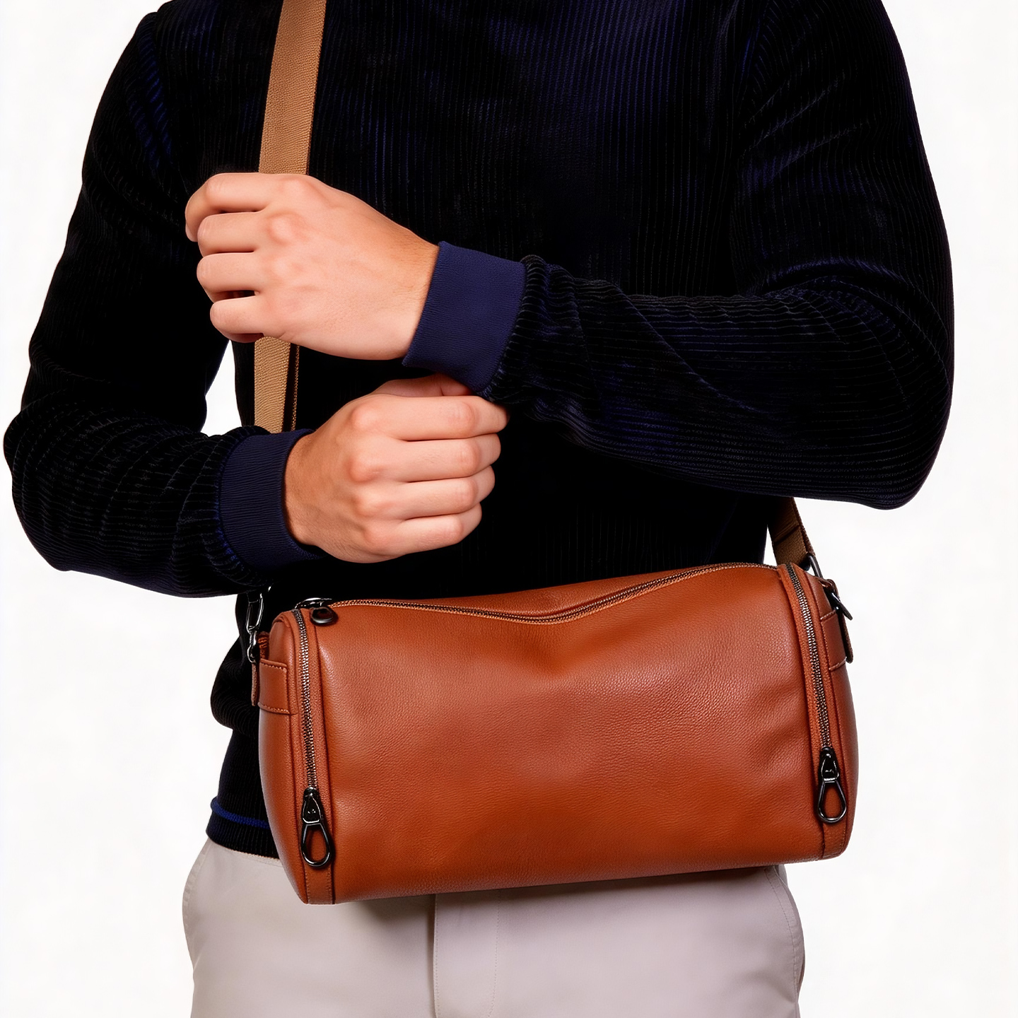 Grain Leather Cylinder Crossbody Bag Adjustable Strap Unisex Light Commute Shoulder Bag - Image 2
