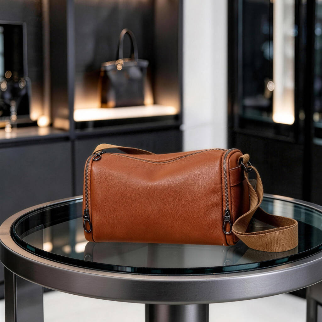 Grain Leather Cylinder Crossbody Bag Adjustable Strap Unisex Light Commute Shoulder Bag