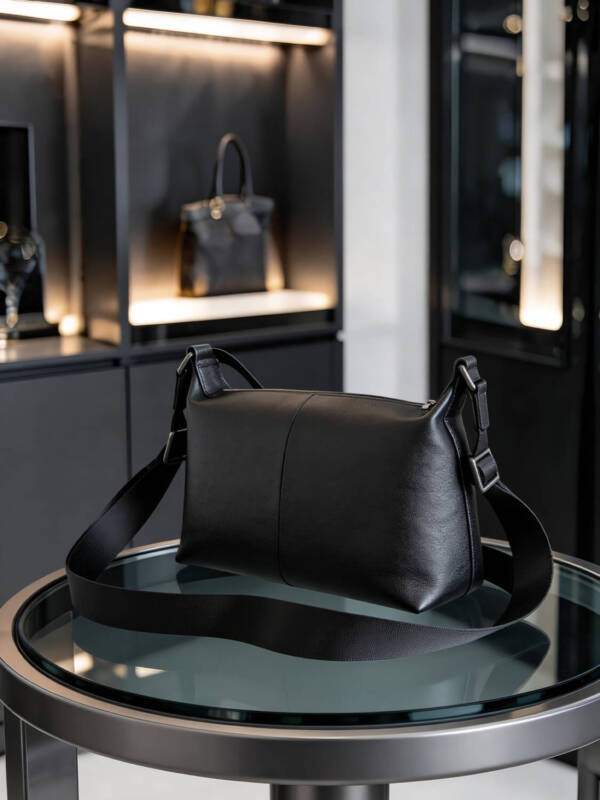 Center Seam Soft Leather Crossbody Bag Matte Black Adjustable Wide Strap Unisex Daily Commute Bag