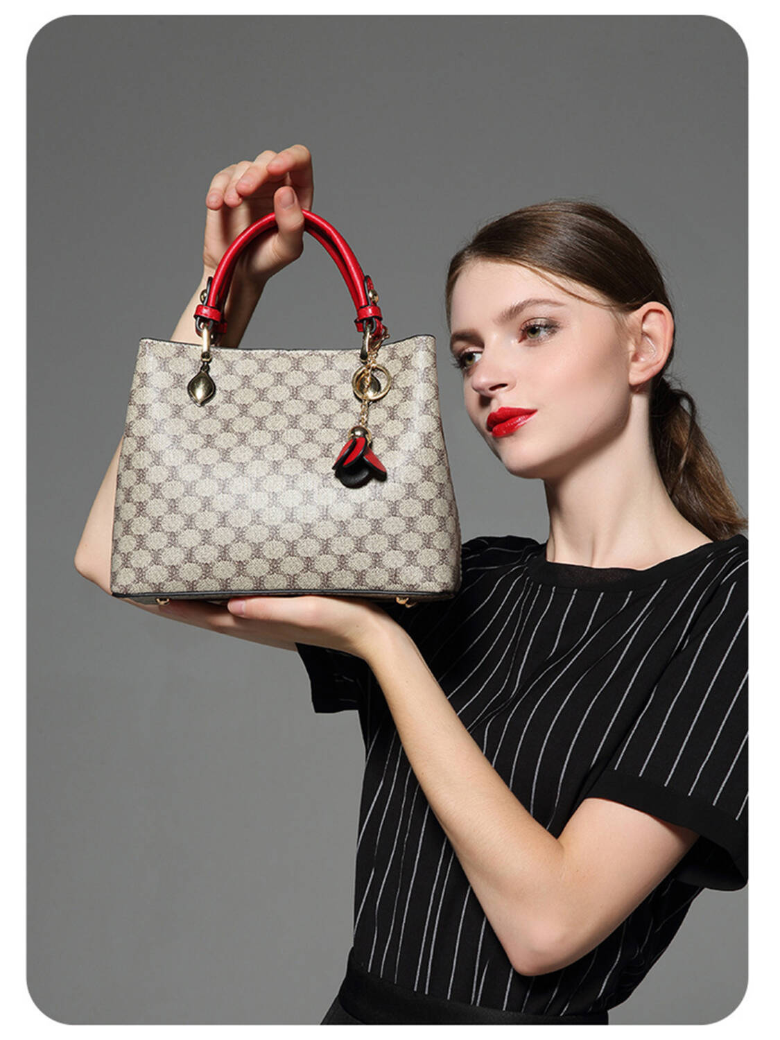Vintage Printed Tote Bag, Burgundy Trim Dual-use Shoulder Crossbody Purse for Women - Image 1