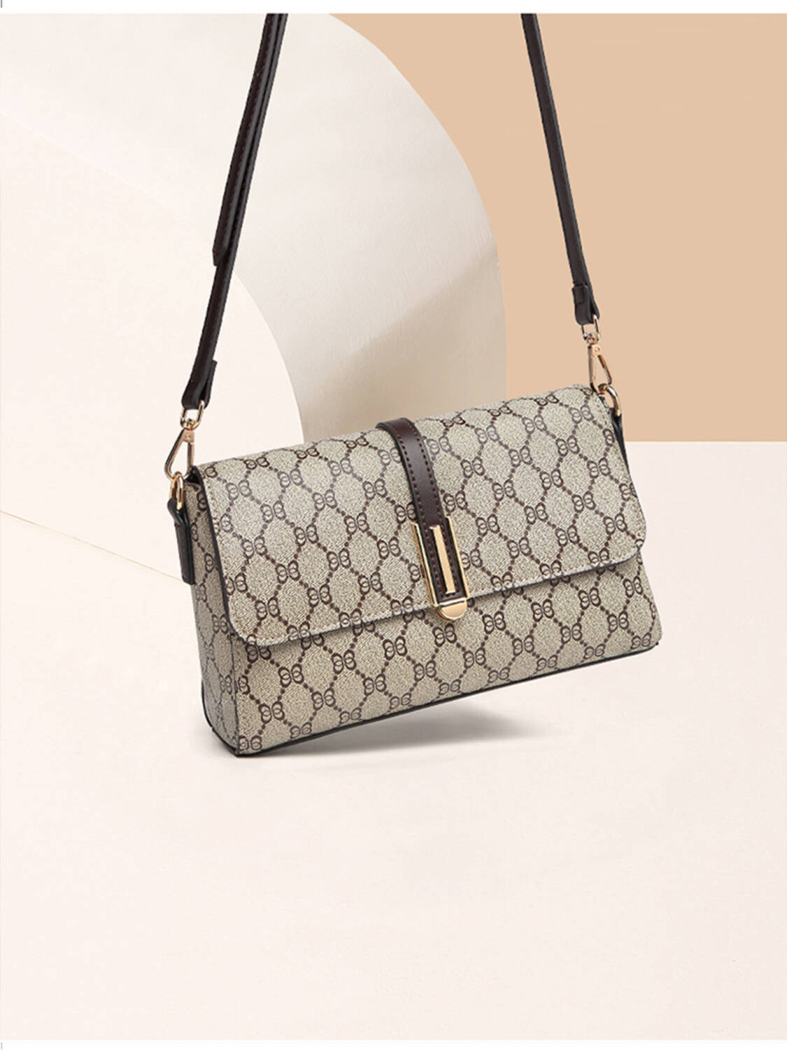 Simple Rhombus Print Rectangular Bag, Brown Trim Versatile Crossbody Purse For Women - Image 6