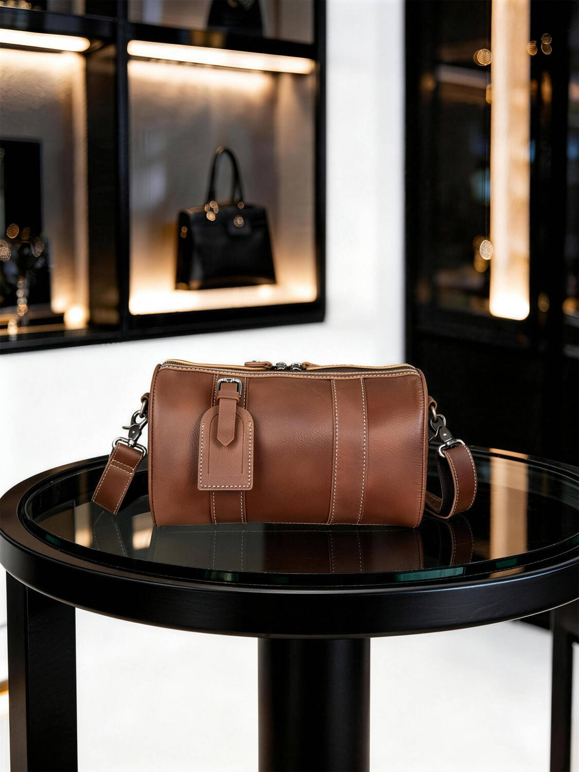 Vintage Brown Cylinder Leather Crossbody Bag Stitched Design Adjustable Thin Strap Daily Shoulder Bag - Image 3