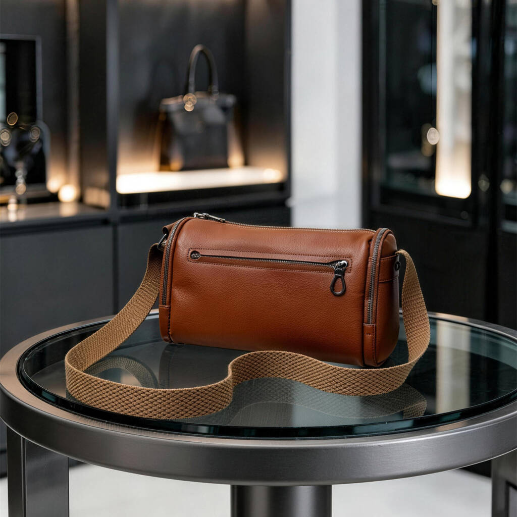 Grain Leather Cylinder Crossbody Bag Adjustable Strap Unisex Light Commute Shoulder Bag