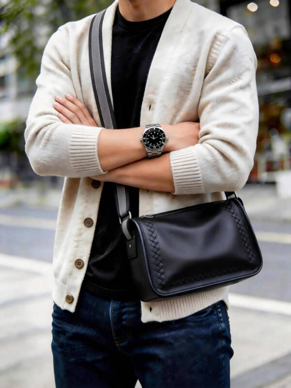 Hand Woven Edge Cylinder Soft Leather Crossbody Color-block Adjustable Wide Strap Unisex Daily Bag