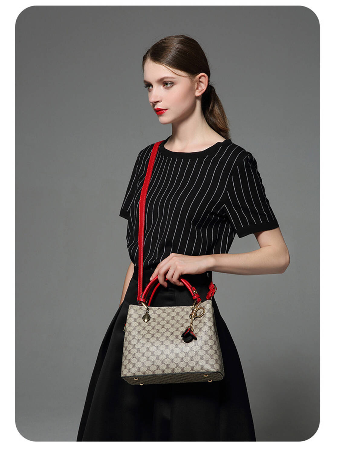Vintage Printed Tote Bag, Burgundy Trim Dual-use Shoulder Crossbody Purse for Women - Image 4
